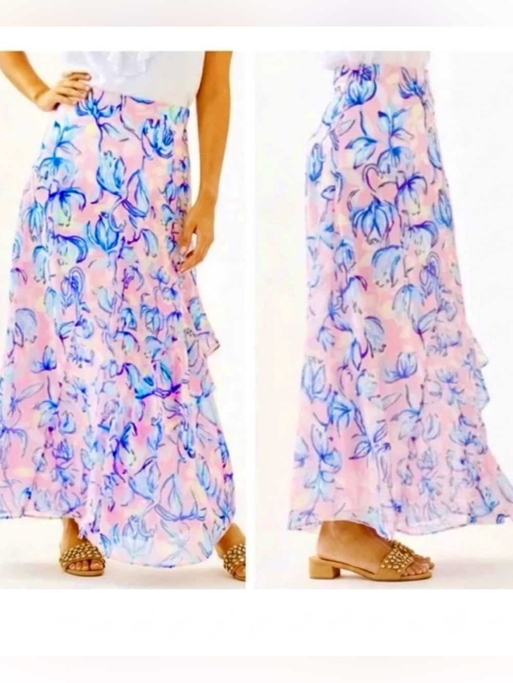 Lilly Pulitzer women Agnes Maxi skirt floral A-line side ruffle pink & blue SZ 2
